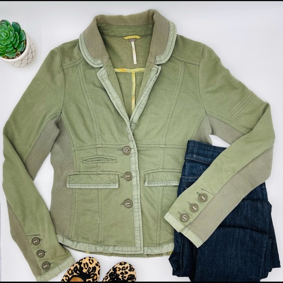 Free PEOPLE OLIVE GREEN THREE BUTTON BLAZER JACKET - Picture 1 of 8